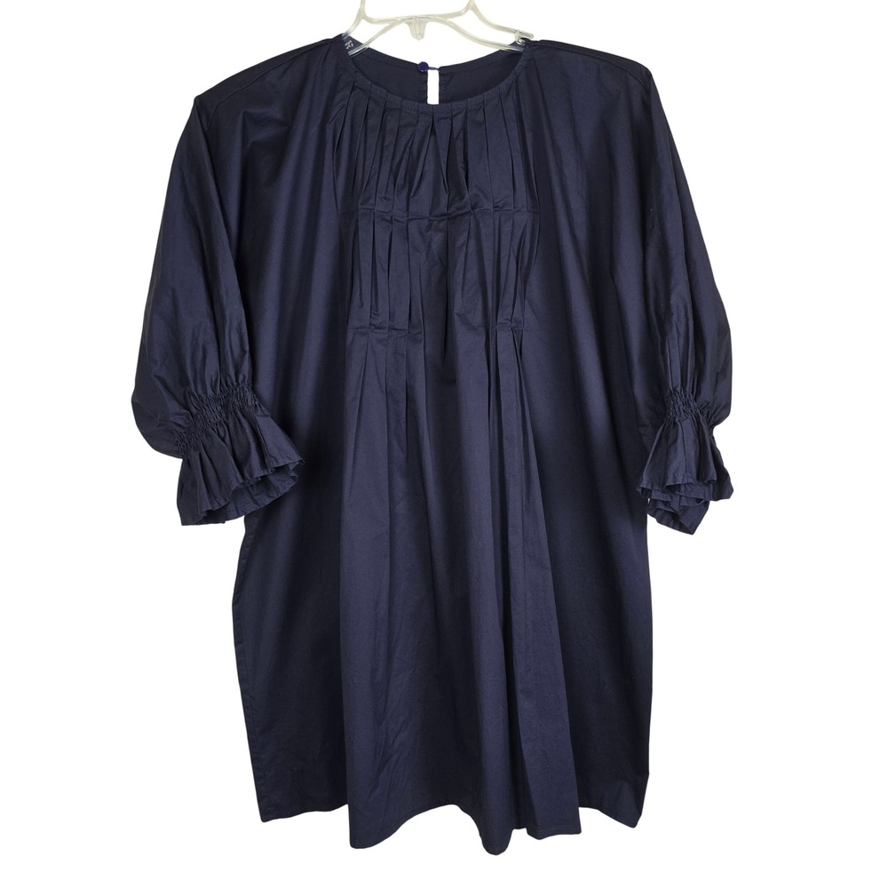 MONICA NERA Navy Cotton Pleated Dress Size M Flaw Smocked Cuff Made in Poland